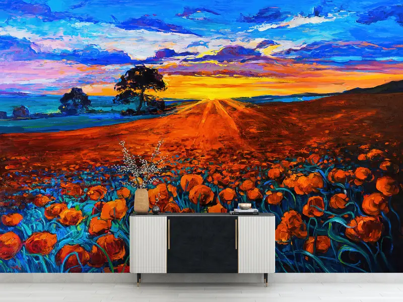 Zarif Afyon Haşhaş Gün Batımı Manzara Baskılı Duvar Kağıdı