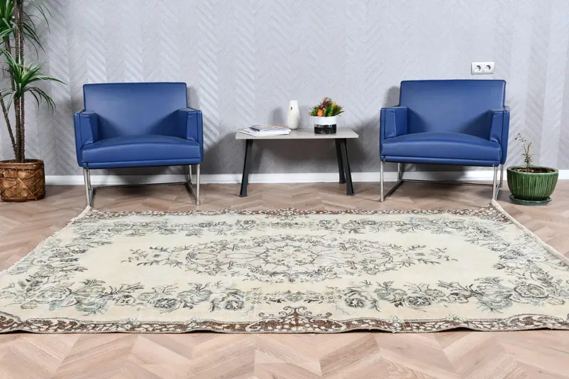 Türk Vintage Halısı, 5.4x7.9 ft Büyük Halı, Gri Oushak Halısı - 1