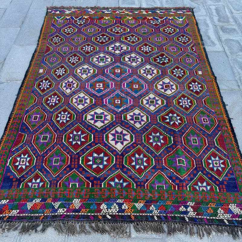 Mavi Fas Halısı, Yeşil Desenli 6,3x9,3 ft