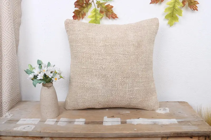 Pillow Cover, Vintage Kilim Pillow, Outdoor Patio Cushion Case, 16x16 Beige Pillow Sham, Kilim Cushion Sham, Handmade Kilim Cushion - 1