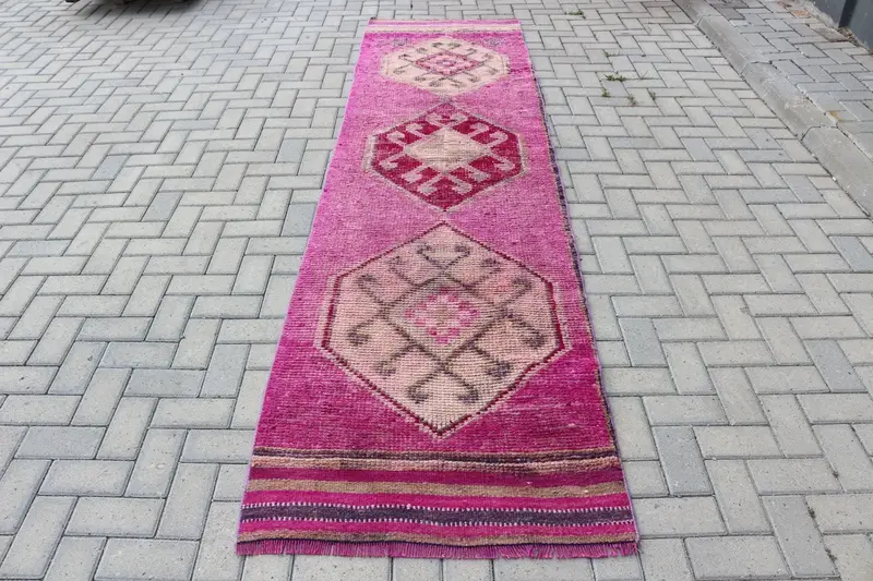Türk 2.8x11 ft Halı, Herki Vintage Halı, Pembe Katı Yün Halı - 1