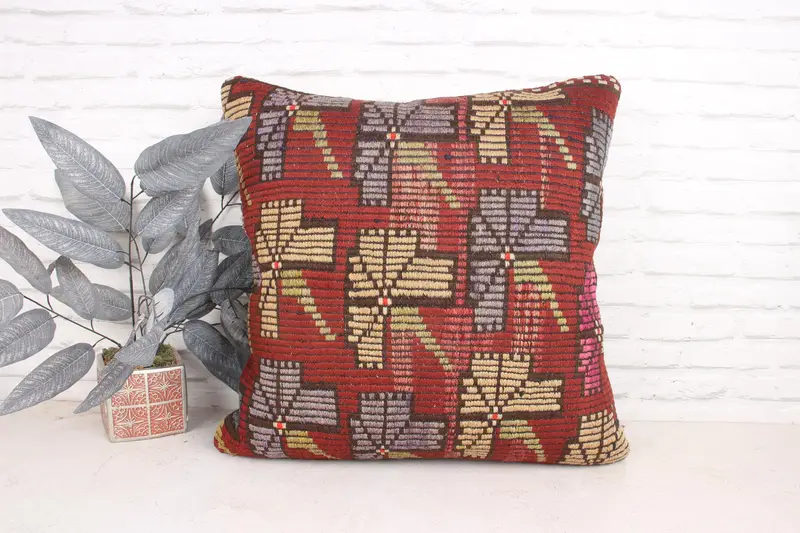Pillow for Couch, Floor Pillow Case, Pillow Case, Home Decor Pillow, Hippie Throw Cushion, 24x24 Red Pillow, Interior Designer Pillow - 1