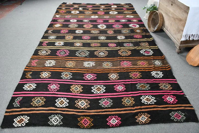 Elegant Black & Pink Ikat Rug, 6.5x12 ft Chic Decor