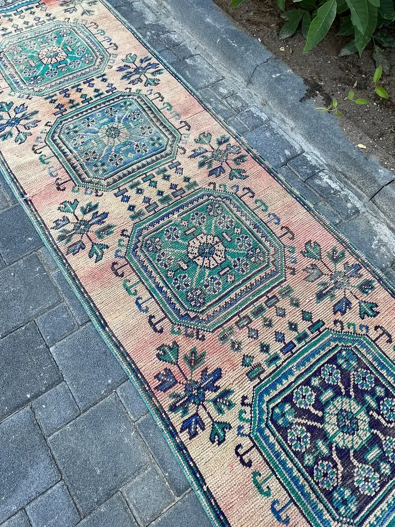 Türk Vintage Runner Halısı 2.7x11.5 ft, Oushak Mavi Yün Halı - 1