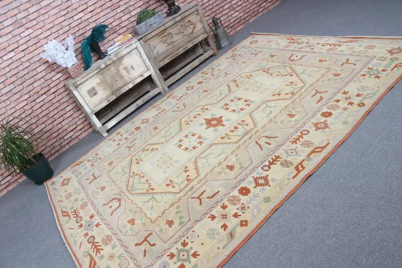 6.6x9.2 ft Vintage Oushak Halı, Kahverengi Çiçekli Türk Yün Halısı - 1