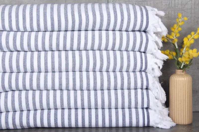 Beach Towel Monogrammed Turkish Cotton Navy Stripes, 36x71 Inches