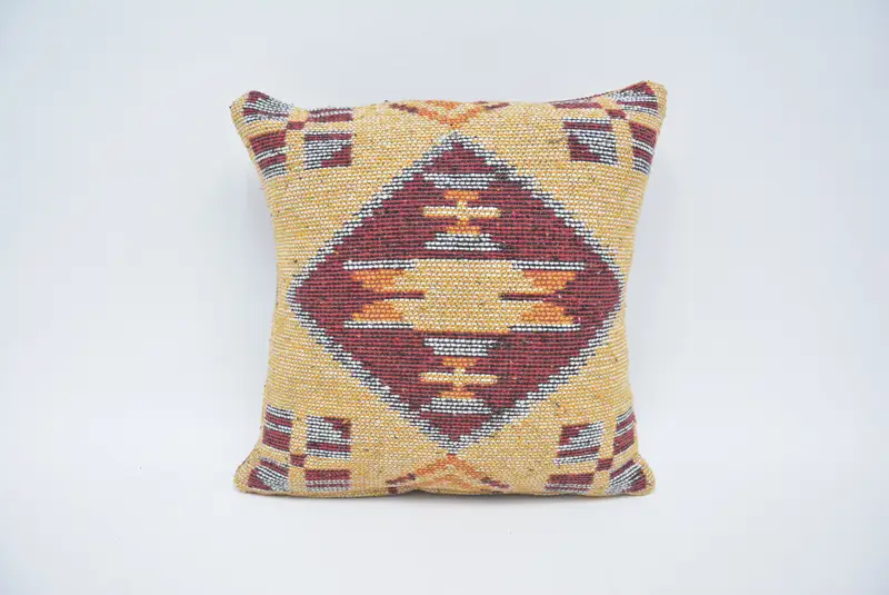 16x16 Yellow Cushion Case, Kilim Pillow, Rustic Pillow Sham, Handmade Kilim Cushion, Boho Pillow Sham Cover, Vintage Throw Cushion, Cushion - 1