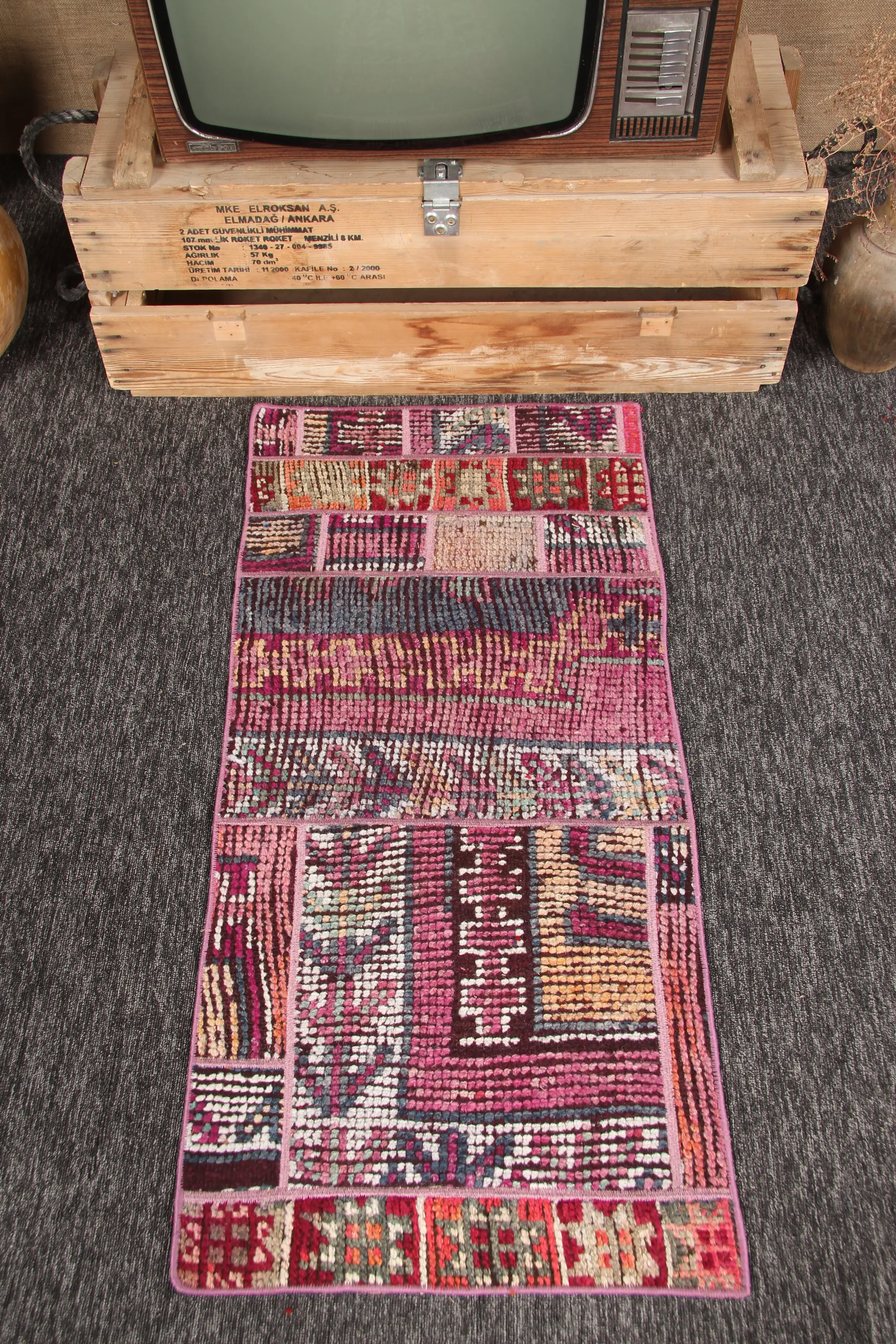 Turkish Patchwork Rug 1.8x3.9 ft (56x120 cm), Pink Geometric Vintage Rug - 1