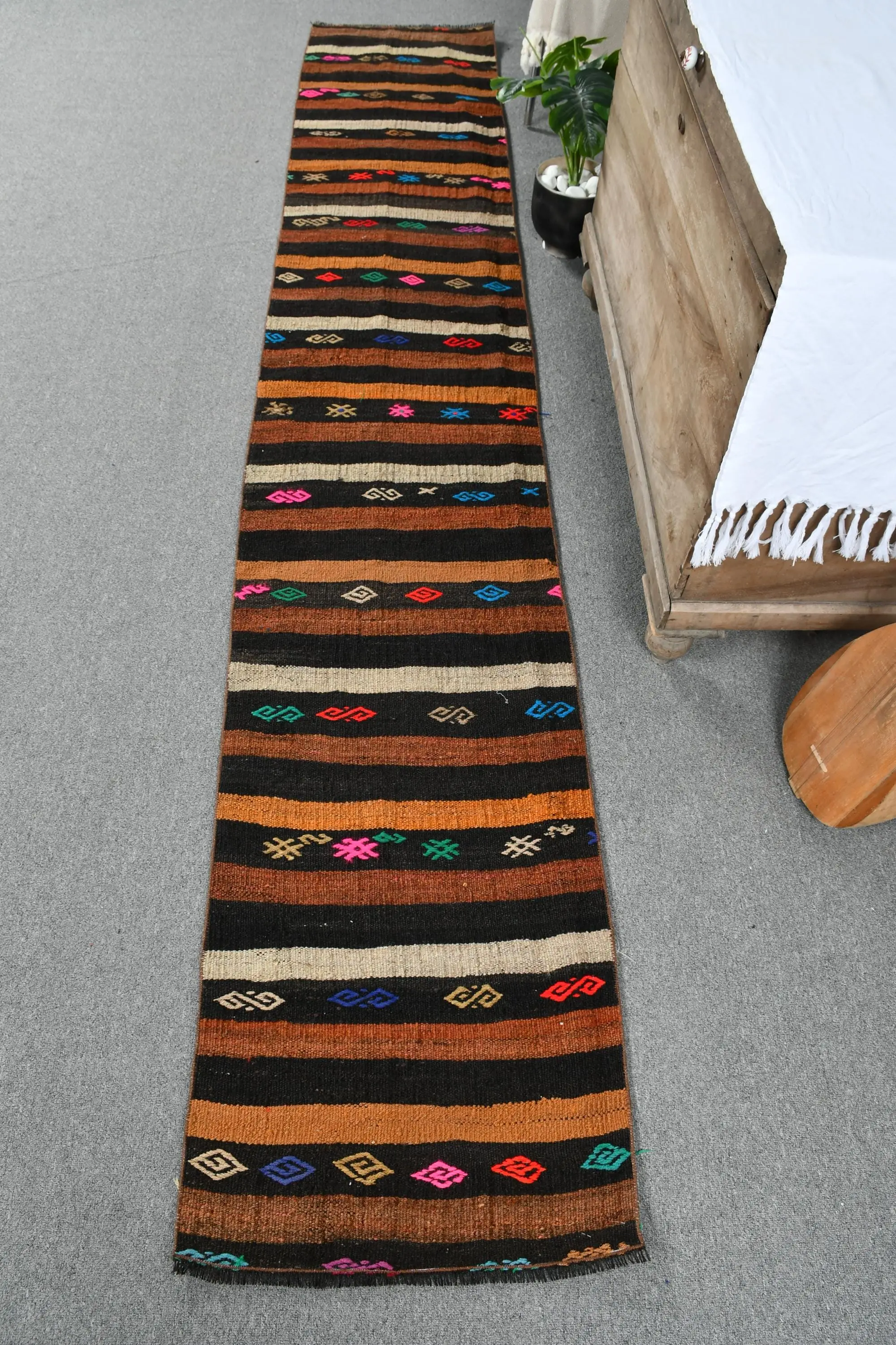 1.7x10.1 ft Turkish Rug, Vintage Runner Rug, Brown Black Floral Wool Rug - 1