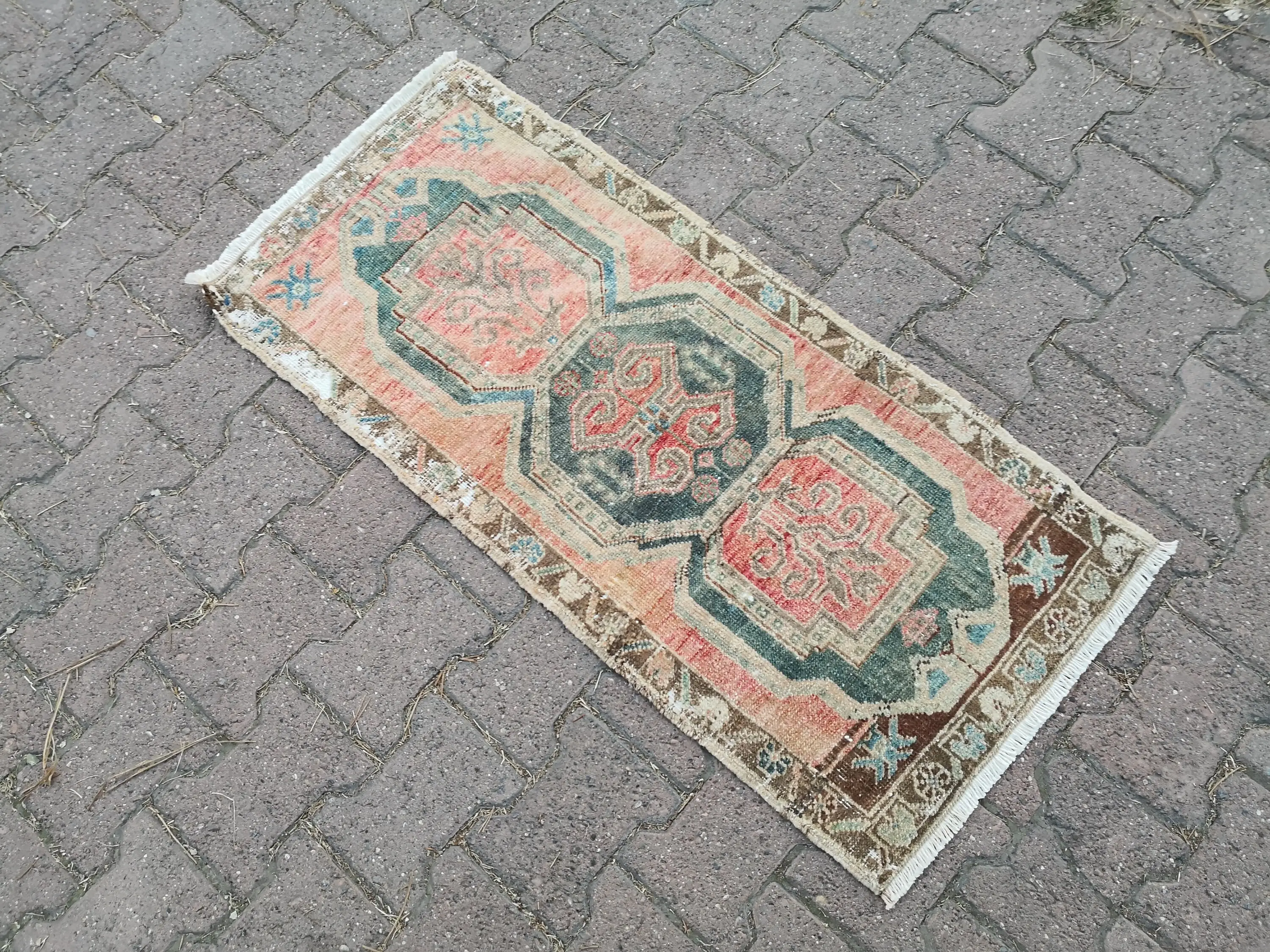 1.7x3.7 ft Turkish Rug, Vintage Small Rug, Red Blue Rug - 1
