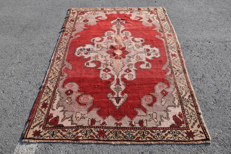 Vintage Turkish Rug, 4.7x7.6 ft Area Rug, Red Oushak Oriental Rug - 1