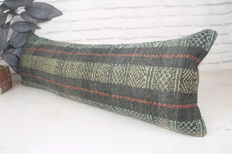 Kilim Pillow Cover, Cushion, 12x36 Green Cushion Cover, Interior Designer Pillow, Office Chair Cushion Case, Traditional Pillow, Home Decor Pillow - 4