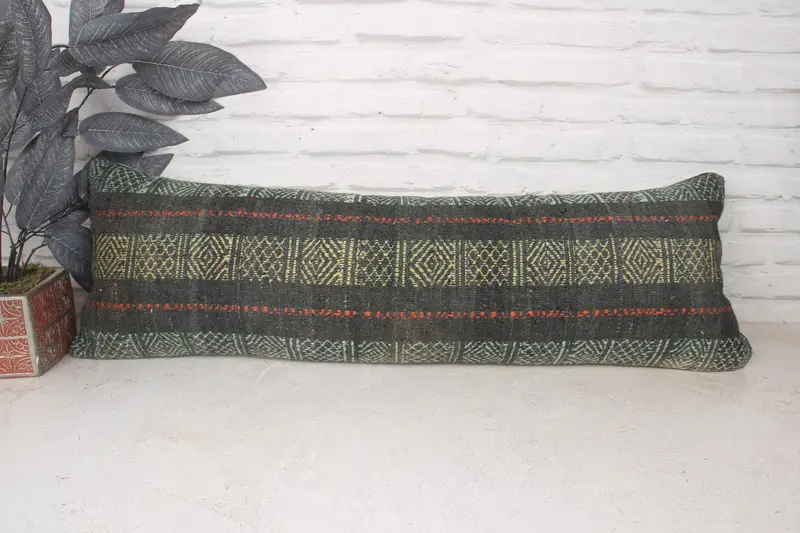 Kilim Pillow Cover, Cushion, 12x36 Green Cushion Cover, Interior Designer Pillow, Office Chair Cushion Case, Traditional Pillow, Home Decor Pillow - 1