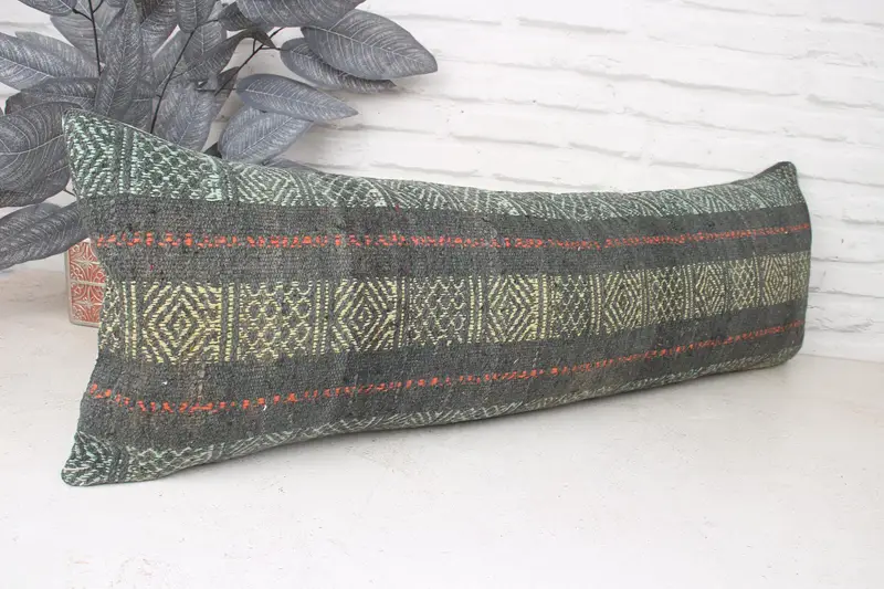 Kilim Pillow Cover, Cushion, 12x36 Green Cushion Cover, Interior Designer Pillow, Office Chair Cushion Case, Traditional Pillow, Home Decor Pillow - 3