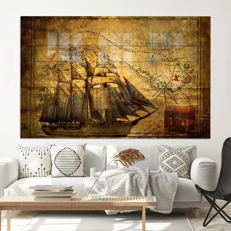 Zarif Korsan Hazine Haritası Baskılı Cam - Benzersiz Tasarım