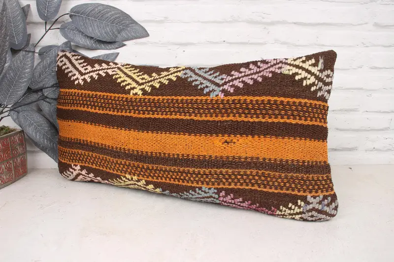 Cushion, Antique Pillows, 12x24 Orange Pillow Sham, Turkish Kilim Pillow, Colorful Cushion Cover, Handmade Throw Cushion Case, Pillow for Couch - 4