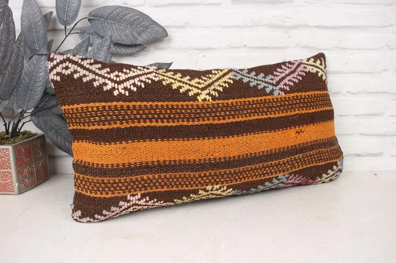 Cushion, Antique Pillows, 12x24 Orange Pillow Sham, Turkish Kilim Pillow, Colorful Cushion Cover, Handmade Throw Cushion Case, Pillow for Couch - 3