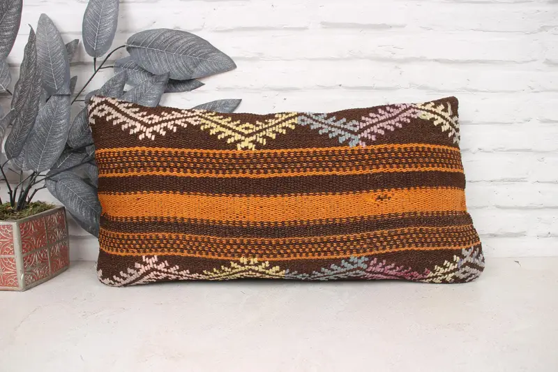Cushion, Antique Pillows, 12x24 Orange Pillow Sham, Turkish Kilim Pillow, Colorful Cushion Cover, Handmade Throw Cushion Case, Pillow for Couch - 1