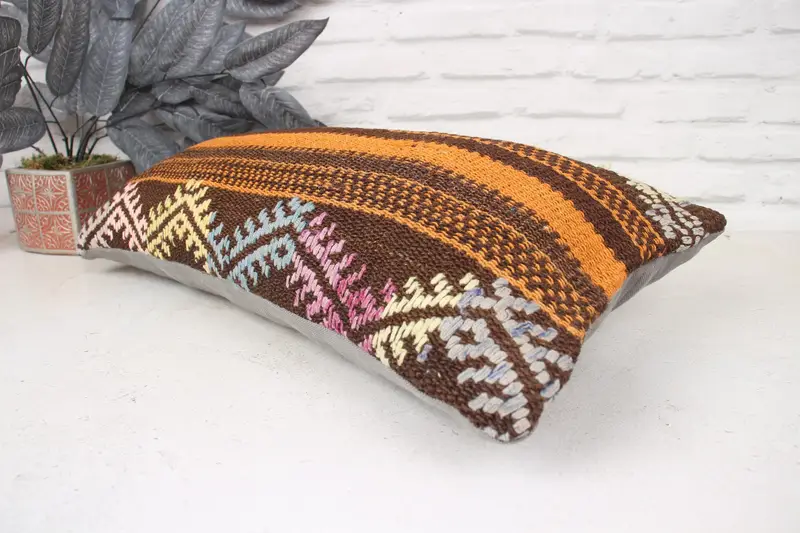 Cushion, Antique Pillows, 12x24 Orange Pillow Sham, Turkish Kilim Pillow, Colorful Cushion Cover, Handmade Throw Cushion Case, Pillow for Couch - 6