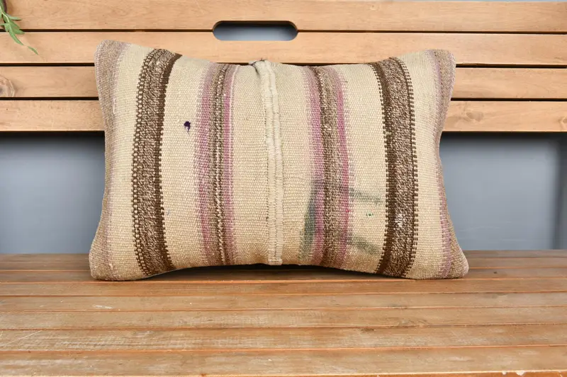 Boho Chic Pillow Sham, Cushion, Turkish Kilim Pillow, Gift Pillow, Wool Kilim Pillow Pillow Cover, 16x24 Beige Pillow, Boho Pillow - 6