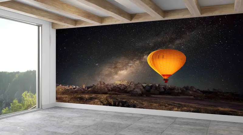 Kapadokya Balon Baskılı Duvar Kağıdı: Gök Manzarası ve Yıldızlı Gece