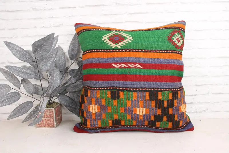 24x24 Green Cushion Cover, Ethnic Pillow Cover Pillow Cover, Pillow for Sofa, Kilim Pillow, Vintage Kilim Throw Pillow, Pillow Case - 1