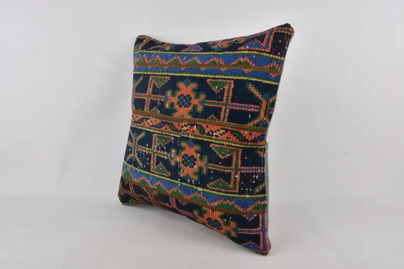 Vintage Kilim Pillow, Ethnical Kilim Rug Pillow, Meditation Cushion, 24x24 Blue Pillow Cover, Pillow Sham, Kilim Cushion Sham - 3