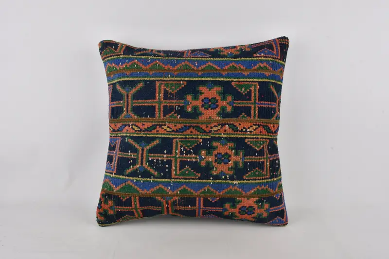 Vintage Kilim Pillow, Ethnical Kilim Rug Pillow, Meditation Cushion, 24x24 Blue Pillow Cover, Pillow Sham, Kilim Cushion Sham - 1