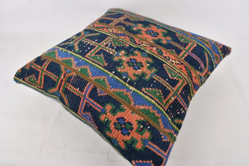 Vintage Kilim Pillow, Ethnical Kilim Rug Pillow, Meditation Cushion, 24x24 Blue Pillow Cover, Pillow Sham, Kilim Cushion Sham - 6