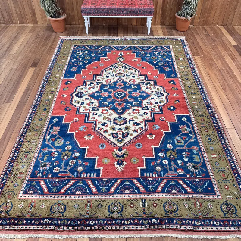Turkish Oversize Rug 7.1x10.8 ft, Vintage Oushak Red Patchwork Wool Rug - 1