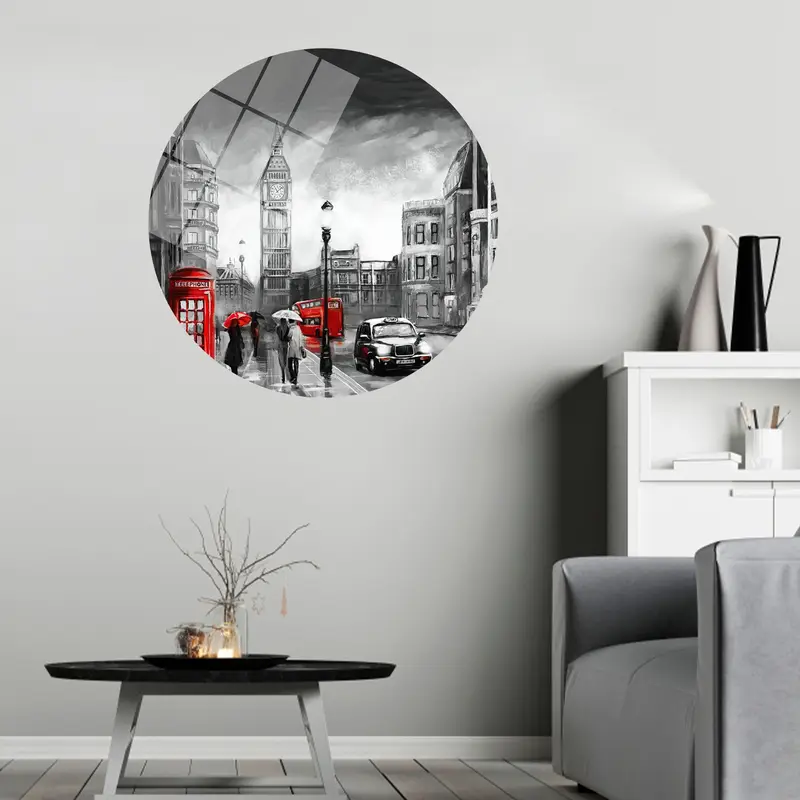 Moderne Leinwand: Regentag-Londoner Stadtbild mit rotem Regenschirm