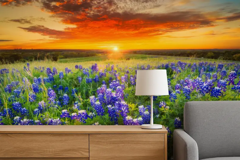 Bedruckte Tapete: Elegante Blumenfeldlandschaft für die Inneneinrichtung