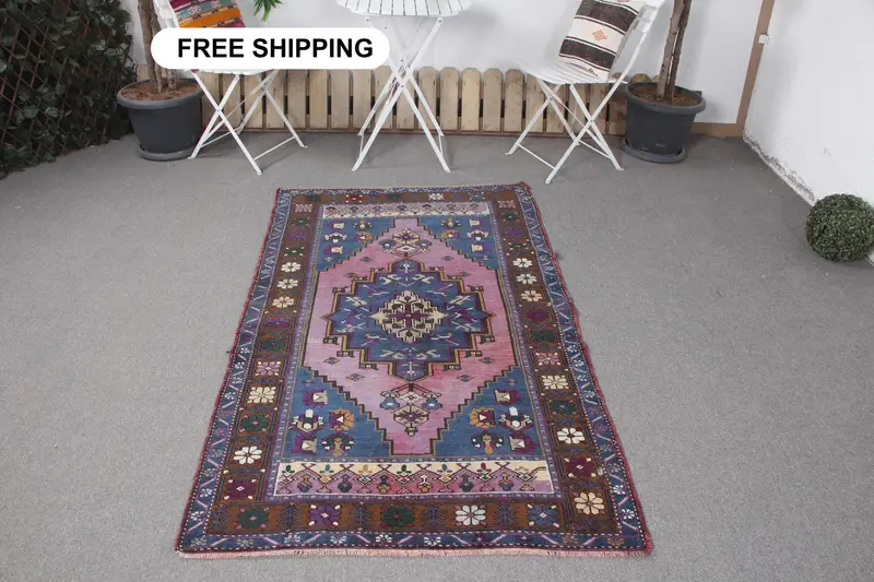 Alfombra Floral Azul, 3,6x6,1 ft Detalles Morados