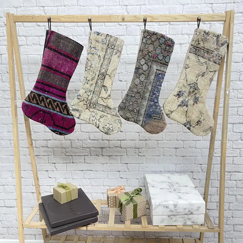 Bej ve Kahverengi Yılbaşı Süsleri Çorabı, Pamuklu Tatil Çorabı