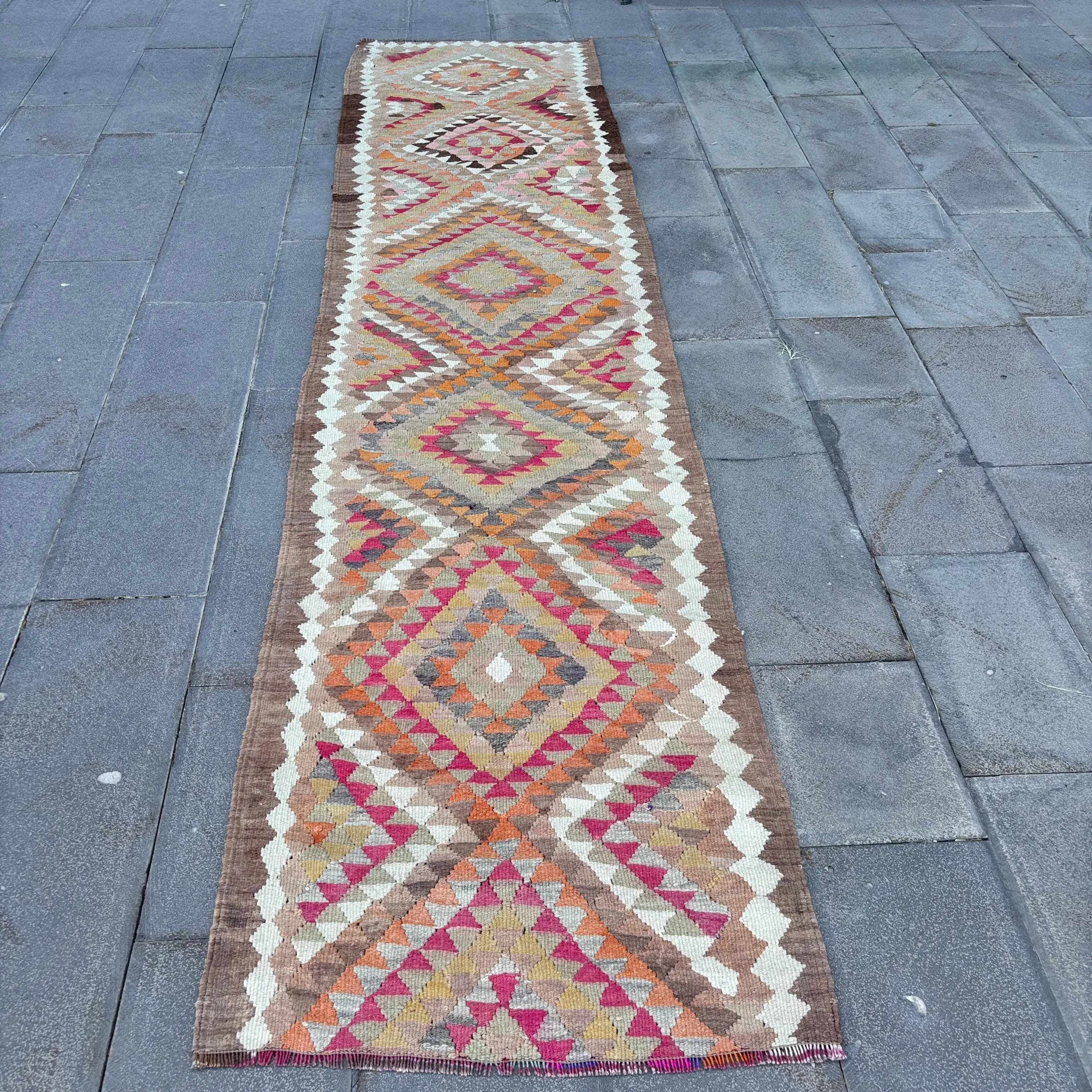 Turkish Rug, Runner 2.8x11.7 ft Vintage Rug, Red Brown Floral Wool Rug - 1