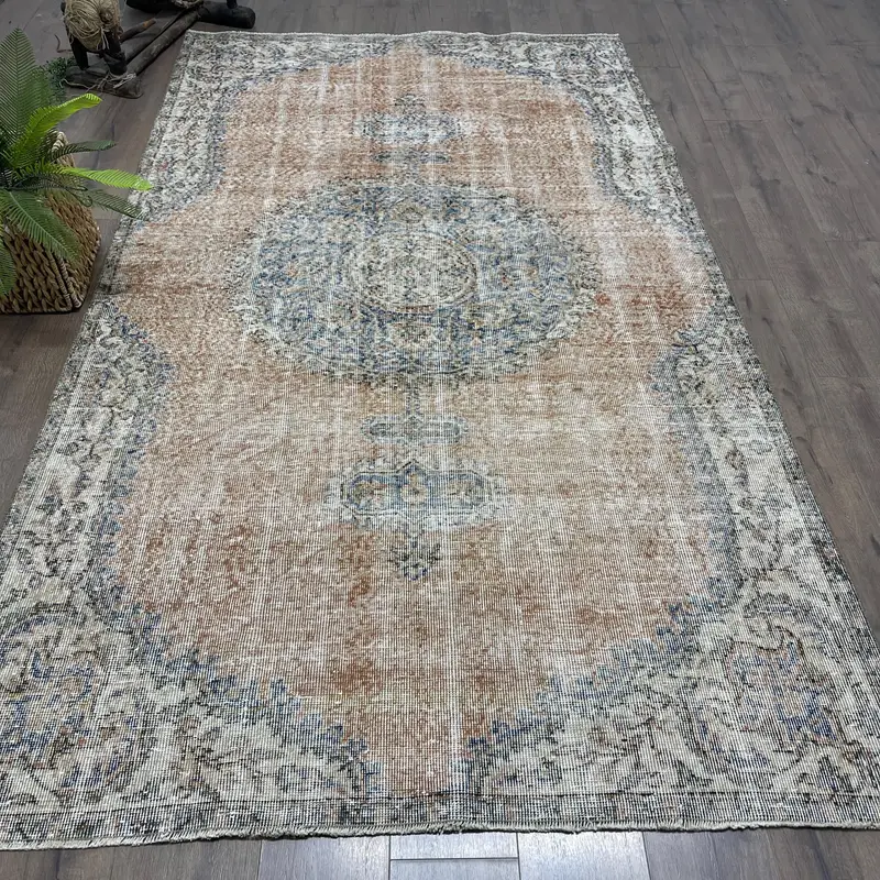 Vintage Large Rug 5.2x9.1 ft (157x276 cm), Oushak Brown Polka dot Turkish Rug - 1