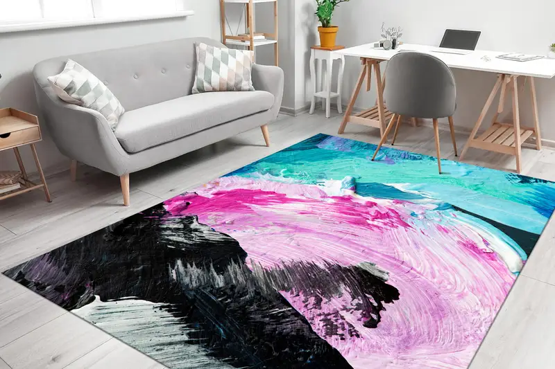 Çağdaş Baskılı Halı: Zarif Siyah, Pembe, Mavi Tasarım