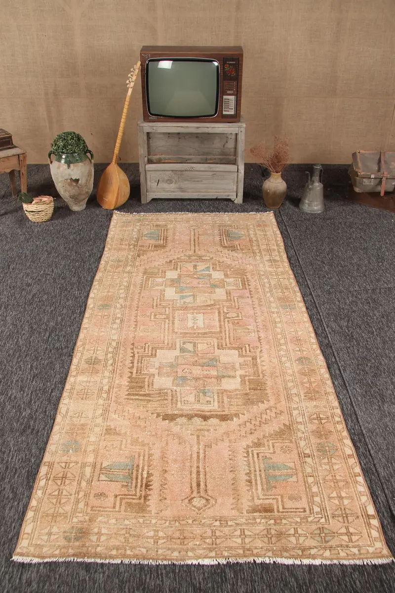 4.2x8.8 ft Oushak Türk Halısı, Kahverengi Oryantal Vintage Halı Yün - 1