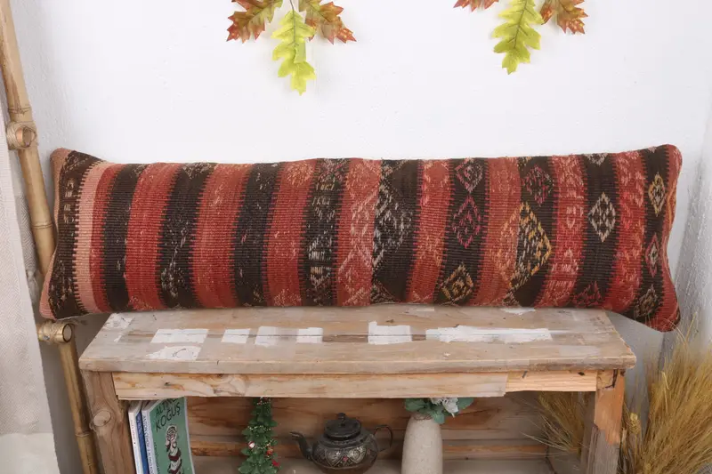 12x43 Red Pillow Sham, Kilim Cushion Sham, Anatolian Cushion Case, Handmade Kilim Cushion, Boho Pillow, Pillow Case, Colorful Pillow Cover - 2