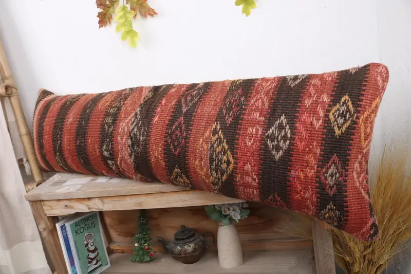 12x43 Red Pillow Sham, Kilim Cushion Sham, Anatolian Cushion Case, Handmade Kilim Cushion, Boho Pillow, Pillow Case, Colorful Pillow Cover - 4