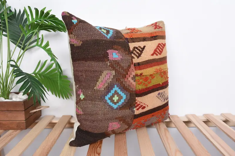 20x20 Bej Yastık Kapağı, Vintage Kilim Yastığı, Vintage Yastık, Kilim Yastığı, Yastık Örtüsü, Pamuk Yastık Kılıfı, Veranda Yastığı - 4