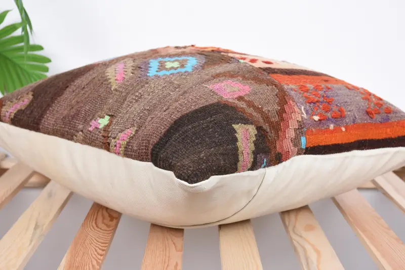 20x20 Bej Yastık Kapağı, Vintage Kilim Yastığı, Vintage Yastık, Kilim Yastığı, Yastık Örtüsü, Pamuk Yastık Kılıfı, Veranda Yastığı - 6