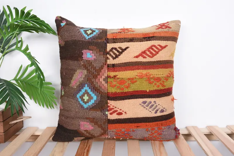 20x20 Bej Yastık Kapağı, Vintage Kilim Yastığı, Vintage Yastık, Kilim Yastığı, Yastık Örtüsü, Pamuk Yastık Kılıfı, Veranda Yastığı - 1