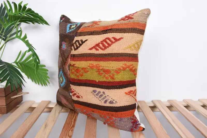 20x20 Bej Yastık Kapağı, Vintage Kilim Yastığı, Vintage Yastık, Kilim Yastığı, Yastık Örtüsü, Pamuk Yastık Kılıfı, Veranda Yastığı - 5