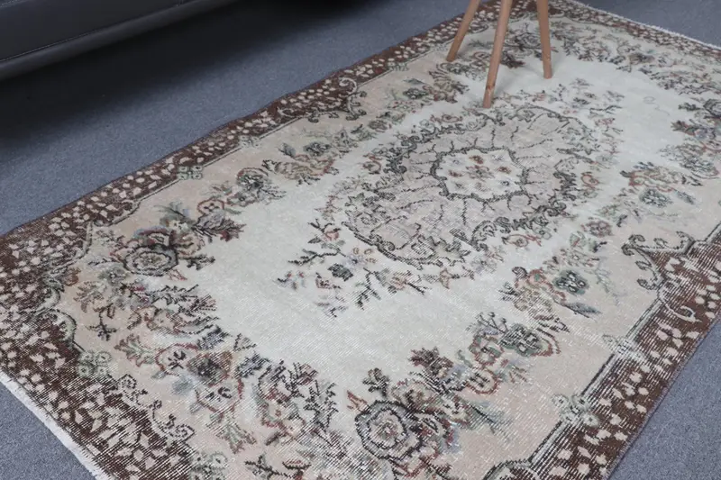 Türk Bölge Halısı 3.8x6.8 ft, Kahverengi Kareli Vintage Yün Halı - 1