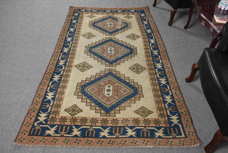 El Yapımı Yeşil & Mavi İran Halısı, 4,3x7,7 ft