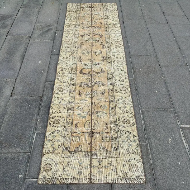 Turkish 2.4x8.6 ft Rug, Oushak Vintage Rug, Brown Abstract Rug Wool - 1