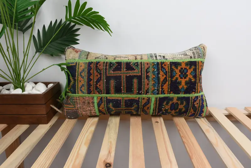 Pillow for Sofa, Pillow for Couch, Antique Pillows, Decorative Bolster Pillow, Cushion Cover, 12x24 Green Pillow Case, Boho Throw Pillow Sham - 1