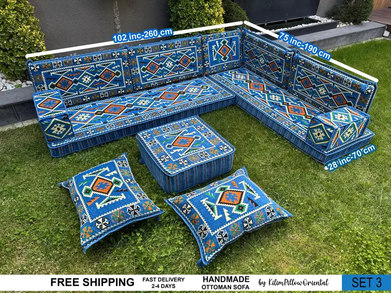 長方形キリム プーフ、ブルー & オレンジ ウール オットマン プーフ