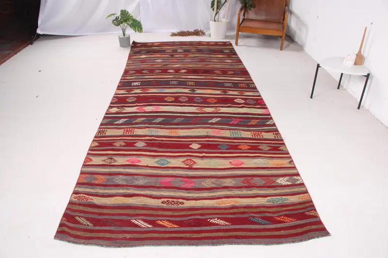 Mor & Bej Halı, 4,7x11,9 ft Çizgili, Geometrik Şekilli